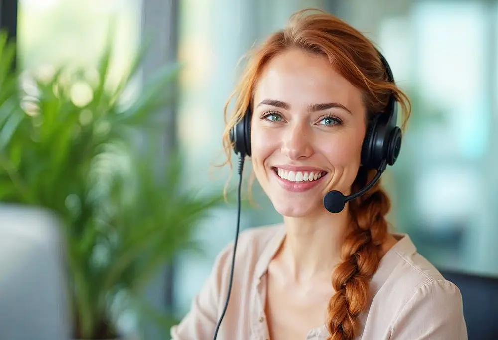 Asistente de atención al cliente de Sanacaps sonriendo con auriculares de soporte técnico para resolver dudas sobre complementos alimenticios.