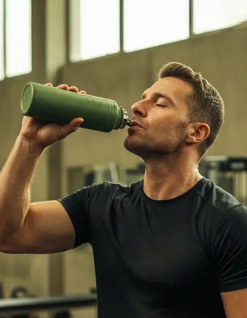 Hombre bebiendo un batido verde tras hacer ejercicio, representando el control de peso y la quema de grasa activa.