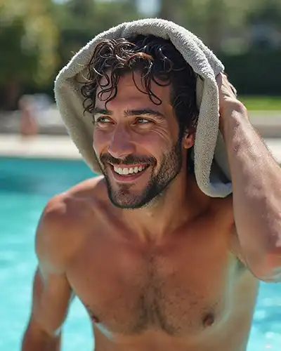 Hombre de pelo rizado secándose la cabeza con una toalla tras bañarse en la piscina de forma vital.