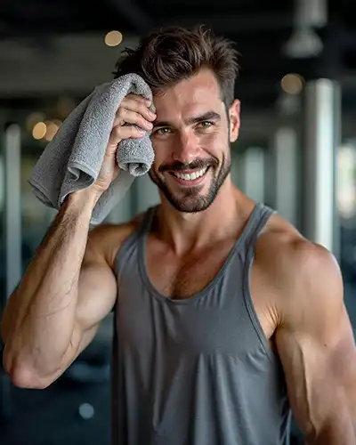 Hombre deportista y vital que se despierta renovado y con energía gracias a un descanso óptimo y sin interrupciones.
