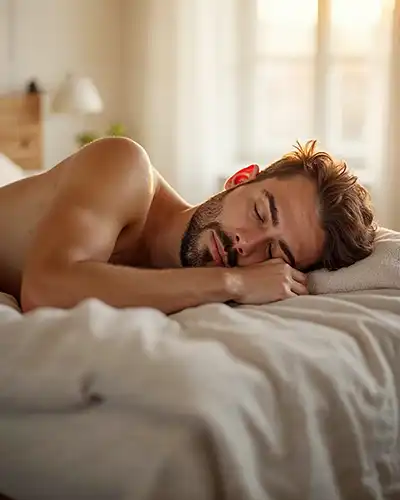 Hombre durmiendo plácidamente en una cama cómoda, logrando un sueño reparador y profundo toda la noche.