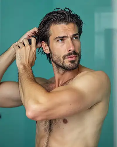 Hombre lavándose el cabello en la ducha, representando el cuidado diario y la estimulación del crecimiento capilar con Sanapelo.
