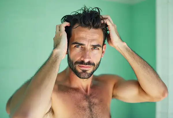 Hombre mirándose al espejo del baño y tocándose el cabello denso y fuerte con confianza gracias al tratamiento anticaída.