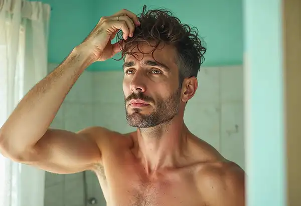 Hombre mirándose al espejo del baño y tocándose el cabello denso y fuerte con confianza gracias al tratamiento anticaída.