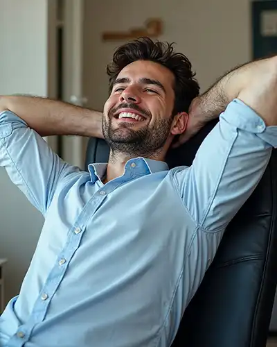 Hombre sonriente relajado con las manos tras la cabeza, libre de la preocupación por la pérdida de pelo.
