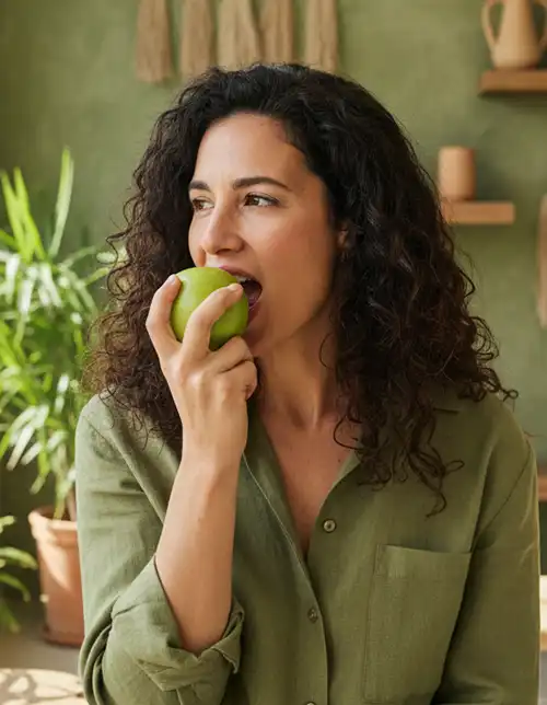 Mujer comiendo una manzana verde, simbolizando el aumento de la vitalidad y la energía diaria gracias a la depuración orgánica.