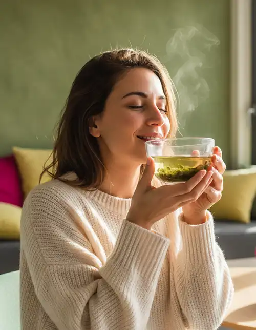 Mujer disfrutando de una infusión natural, ilustrando la mejora de la digestión y el alivio de la pesadez estomacal.
