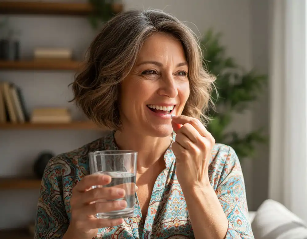 Mujer feliz tomando suplemento Omega 3 de Sanacaps con un vaso de agua para mejorar su salud diaria