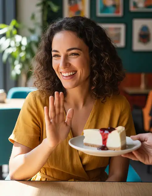 Mujer sonriente tomando un desayuno saludable, reflejando la desintoxicación hepática y el bienestar digestivo con Sanapeso Hepa.