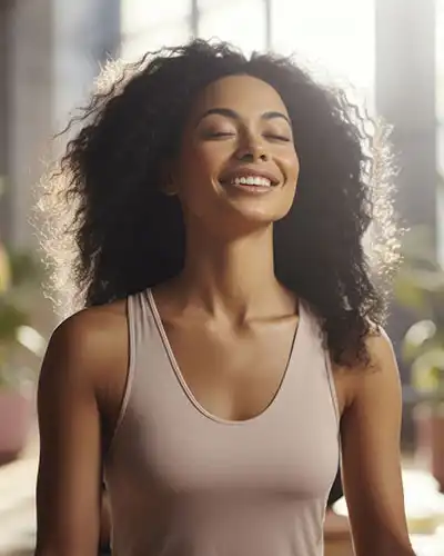 Mujer sonriente y relajada que experimenta bienestar y tranquilidad mental antes de acostarse gracias a Sanasueño.