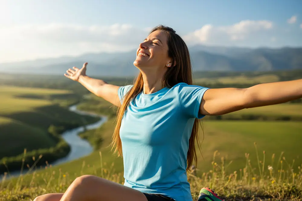 Mujer vital en la naturaleza con los brazos abiertos, simbolizando la energía, salud y bienestar que aportan las cápsulas de origen natural Sanacaps.