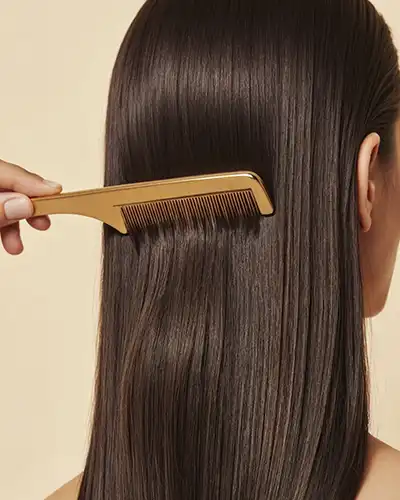 Primer plano de una mujer desenredando su cabello con un peine de madera sin roturas.