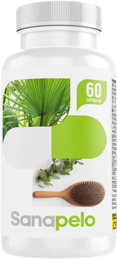 Envase de Sanapelo cápsulas anticaída con diseño blanco y verde mostrando ingredientes naturales para el fortalecimiento del cabello
