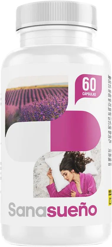 Botella del suplemento natural Sanasueño de Sanacaps con melatonina y plantas relajantes para combatir el insomnio y regular el ciclo del sueño.