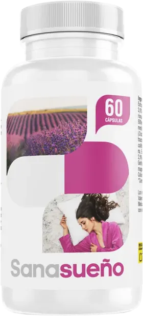 Botella del suplemento natural Sanasueño de Sanacaps con melatonina y plantas relajantes para combatir el insomnio y regular el ciclo del sueño.