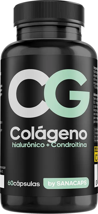 Frasco de suplemento Colágeno Natural Sanacaps con Ácido Hialurónico y Condroitina para articulaciones y piel.