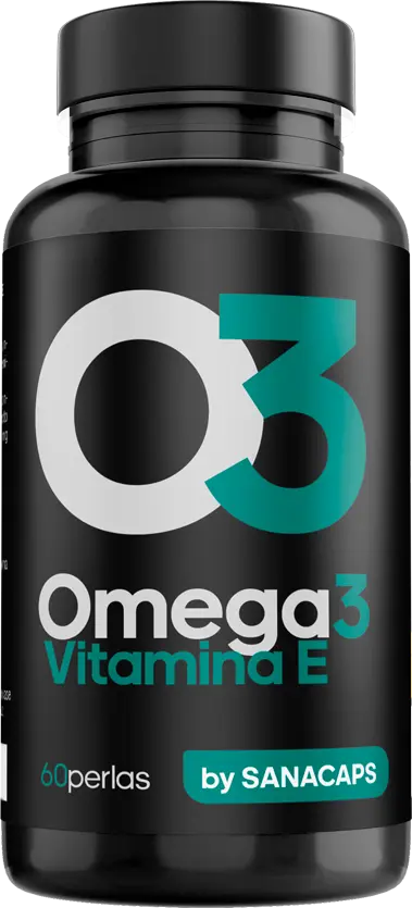Bote de suplemento Omega 3 de Sanacaps con Vitamina E para apoyo cardiovascular y sistema inmune.